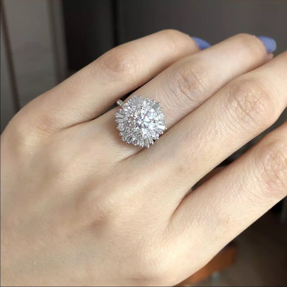 New925 Silver Large Flower Diamond Engagement Ring - Picture 2 of 5